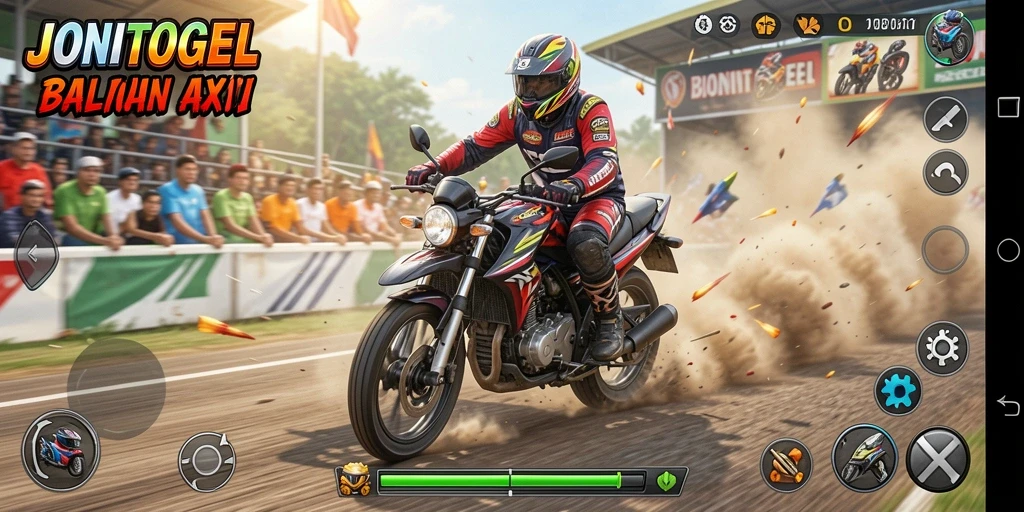 Tampilan utama gameplay JONITOGEL yang mendebarkan dan penuh aksi balap motor.