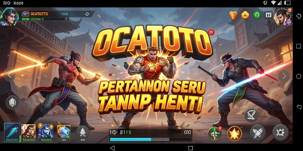 Tampilan permainan OCATOTO dengan pertarungan yang intens dan karakter unik.