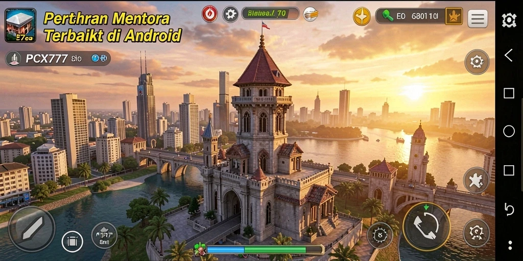 Tampilan screenshot gameplay PCX777 menampilkan menara bertahan dan serangan musuh.