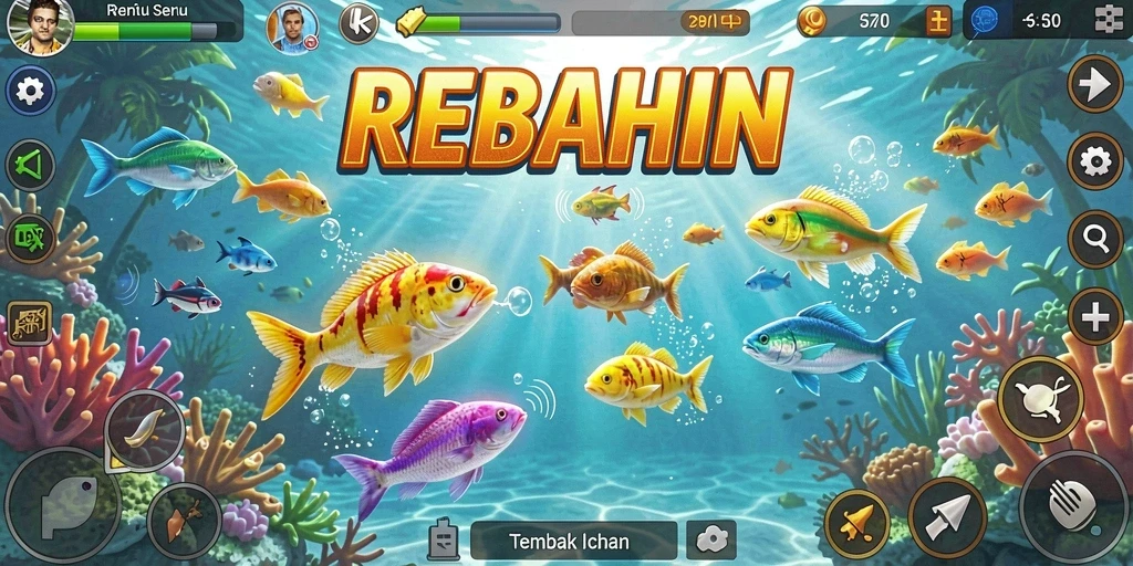 Tampilan gameplay menakjubkan di REBAHIN dengan aksi tembak ikan yang intens.