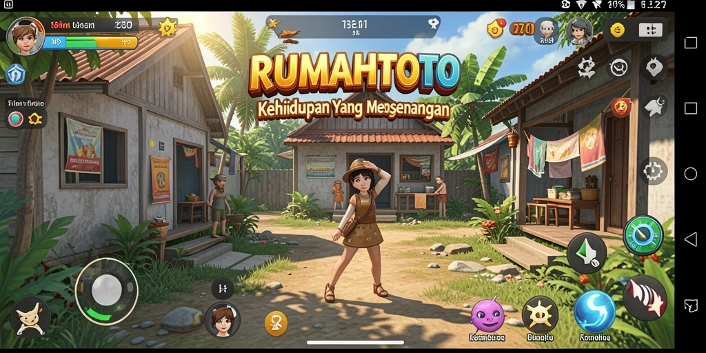 Screenshot gameplay RUMAHTOTO menunjukkan aksi membangun rumah yang penuh warna.