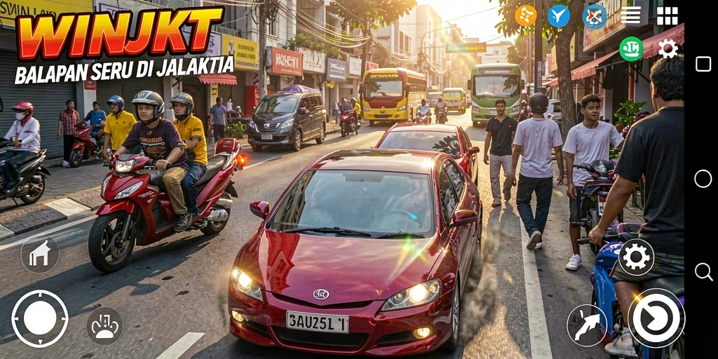 Tangkapan layar gameplay WINJKT menampilkan aksi balapan di jalanan Jakarta.